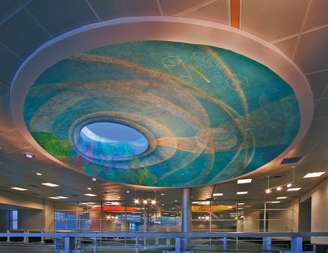Big blue skylight mural by muralist John Anderson in Burlington, Vermont.