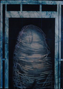51" w x 72" h / dry pigment, masking tape, graphite, charcoal, colored pencil, chalk line / $2,500